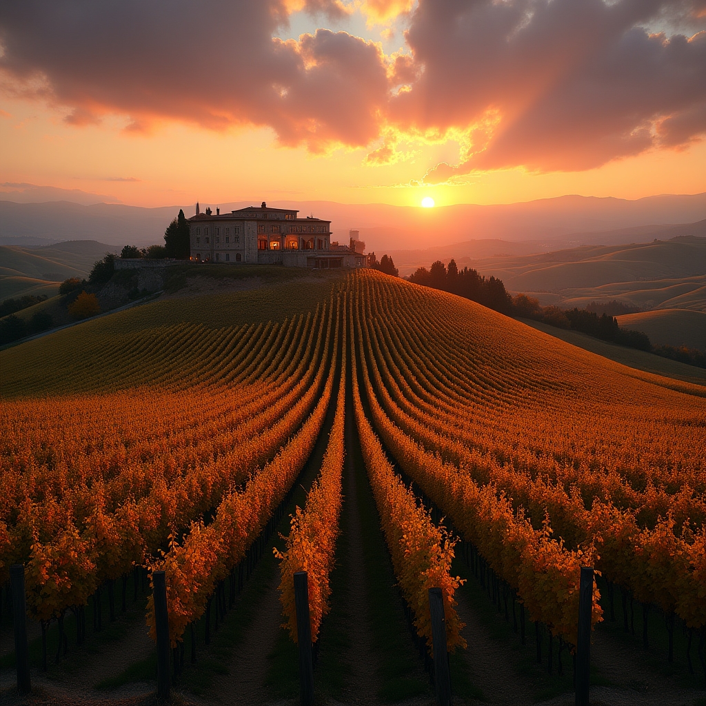 Vigneto al tramonto con cantina sullo sfondo